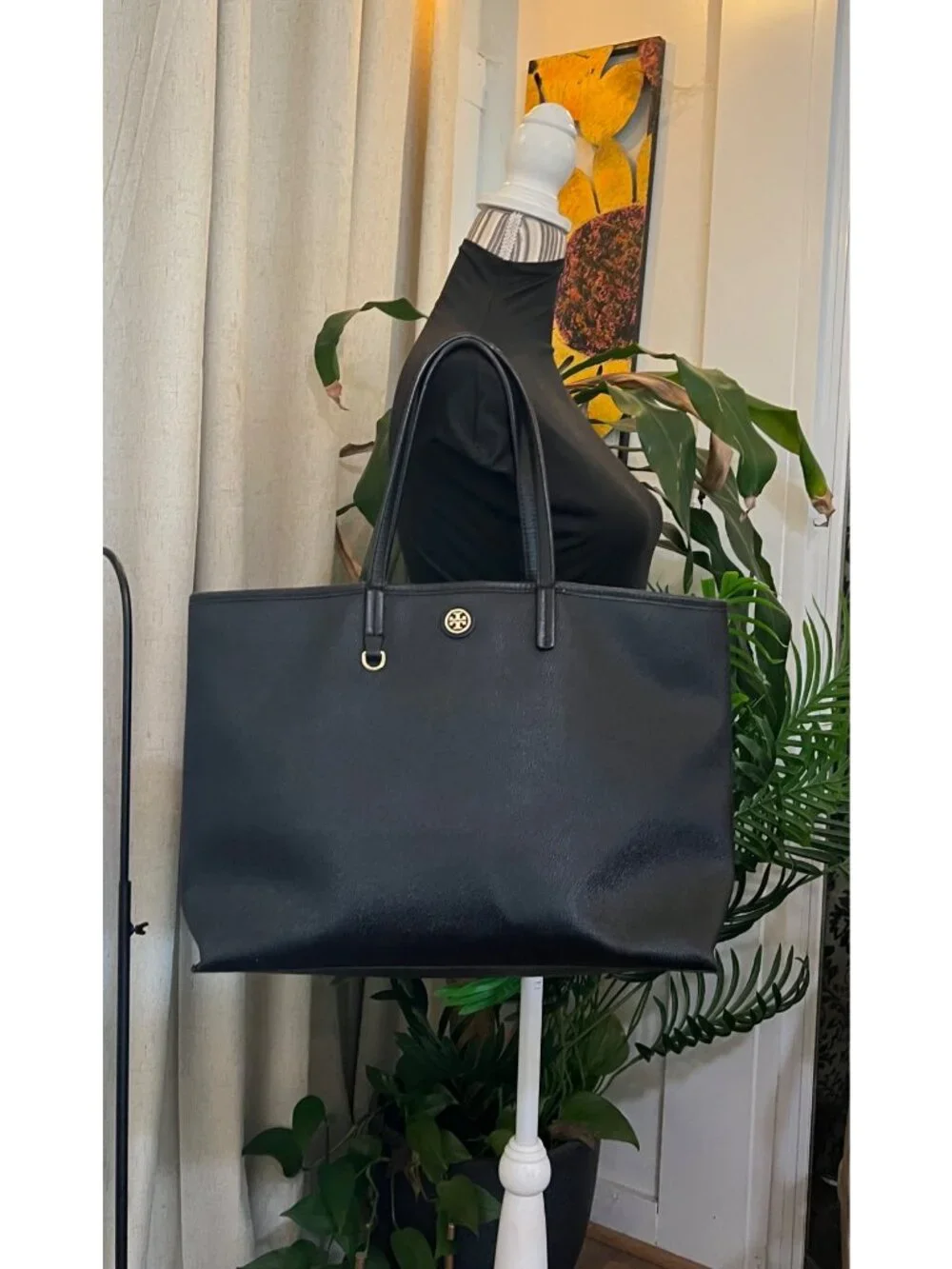 TORY BURCH BLACK STEFANO LEAHTER ROBINSON LARGE TOTE